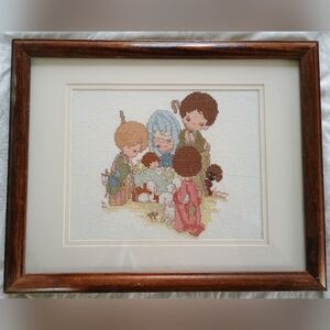 Vtg Hand Cross-Stitched Precious Moments Children's Nativity W/ Wood Frame